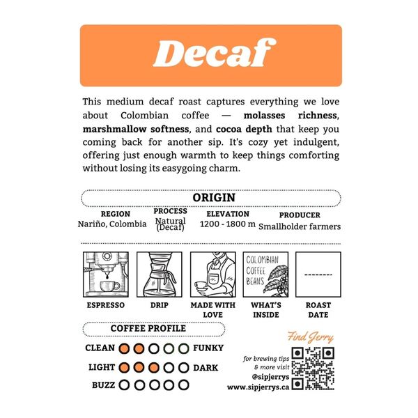 Jerry's Colombia Decaf Whole Bean Coffee, 340g